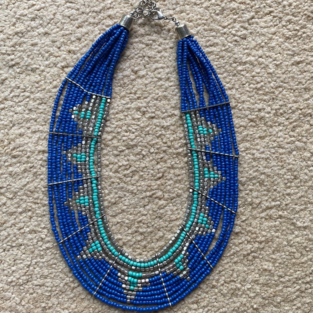 Beaded Necklace with Blue, Teal and Silver